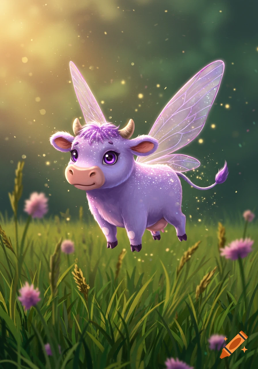 A cute, sparkling purple fairy cow with translucent wings floats above a green grassy field with purple flowers.
