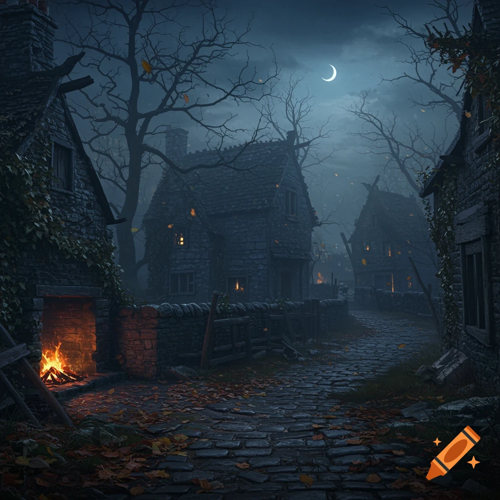A dark, atmospheric night scene of an old stone village with bare trees, a cobblestone path, and a crescent moon.