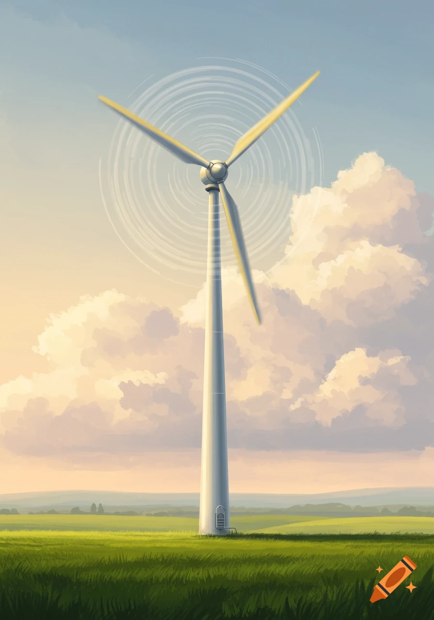 A tall white wind turbine with spinning blades stands in a vibrant green field under a partly cloudy sky at sunset.