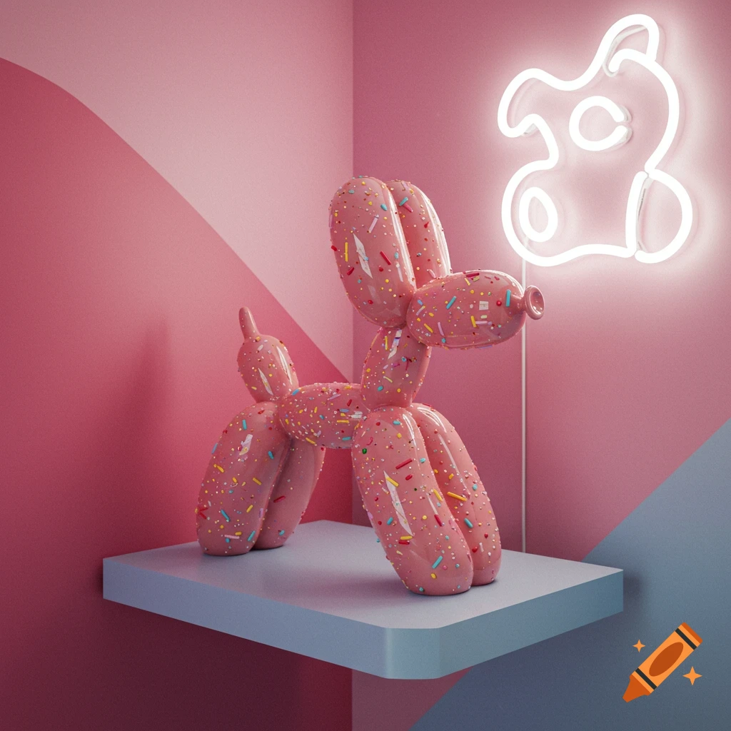 A pink, sprinkle-covered balloon dog sits on a pale blue shelf in a whimsical pink room with a white neon dog-shaped light.