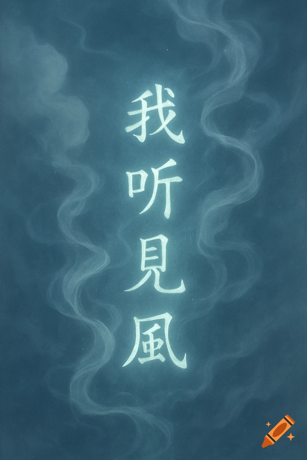 White Chinese characters 'I hear the wind' on a dark blue background with smoky white wisps.