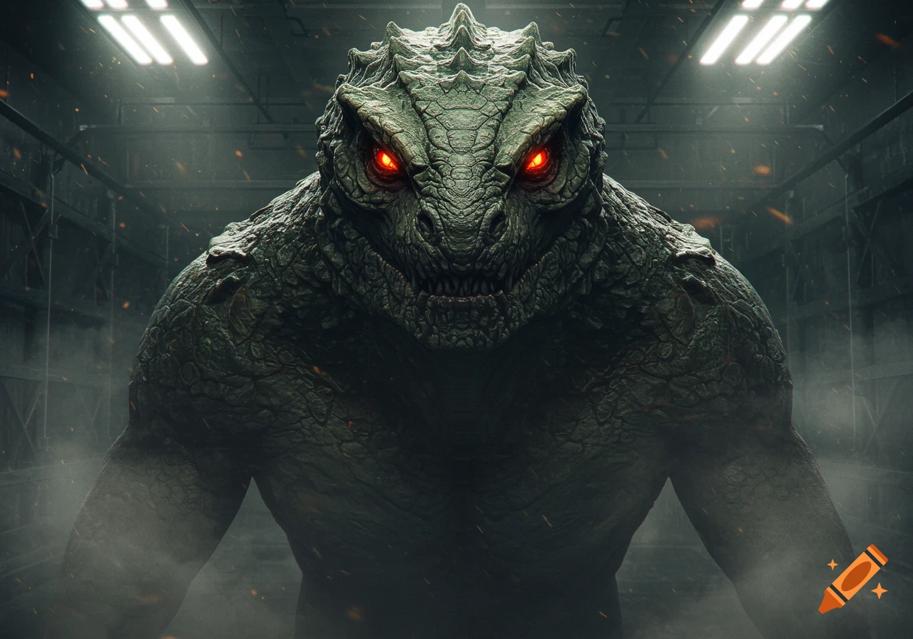 A menacing, photorealistic green scaly reptilian monster with glowing red eyes stares forward in a dark, smoky industrial room.