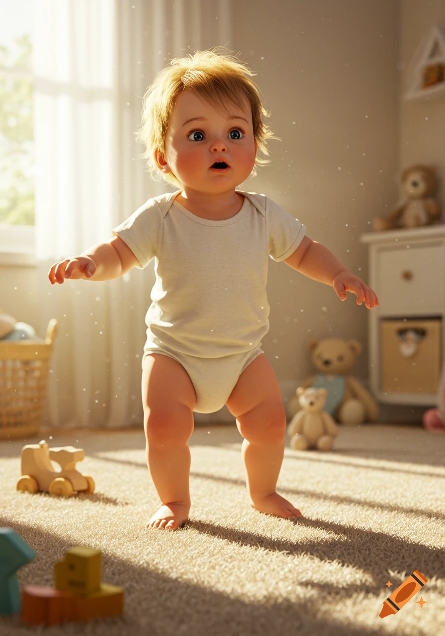 A photorealistic baby with blonde hair stands in a sunlit room, surrounded by toys.