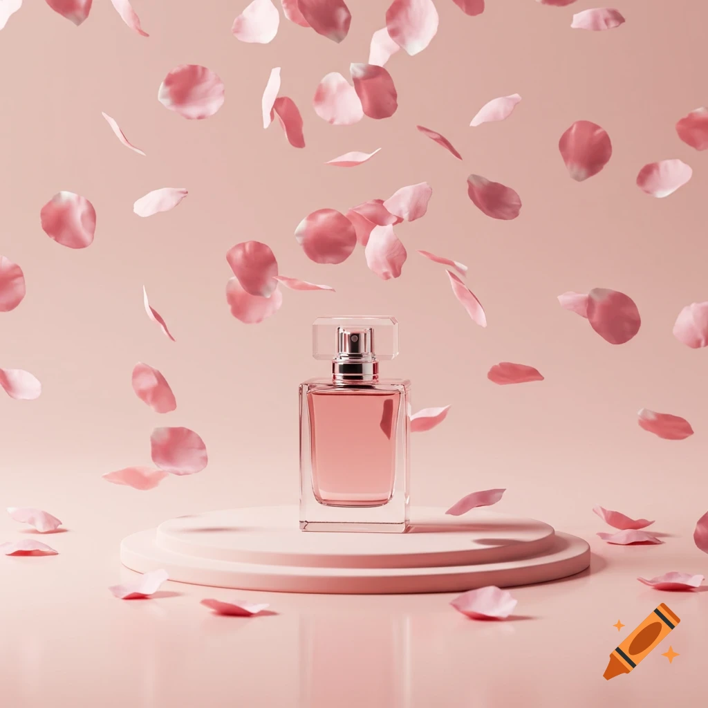 A pink perfume bottle stands on a pale rose platform surrounded by floating pink rose petals, against a soft pink background.