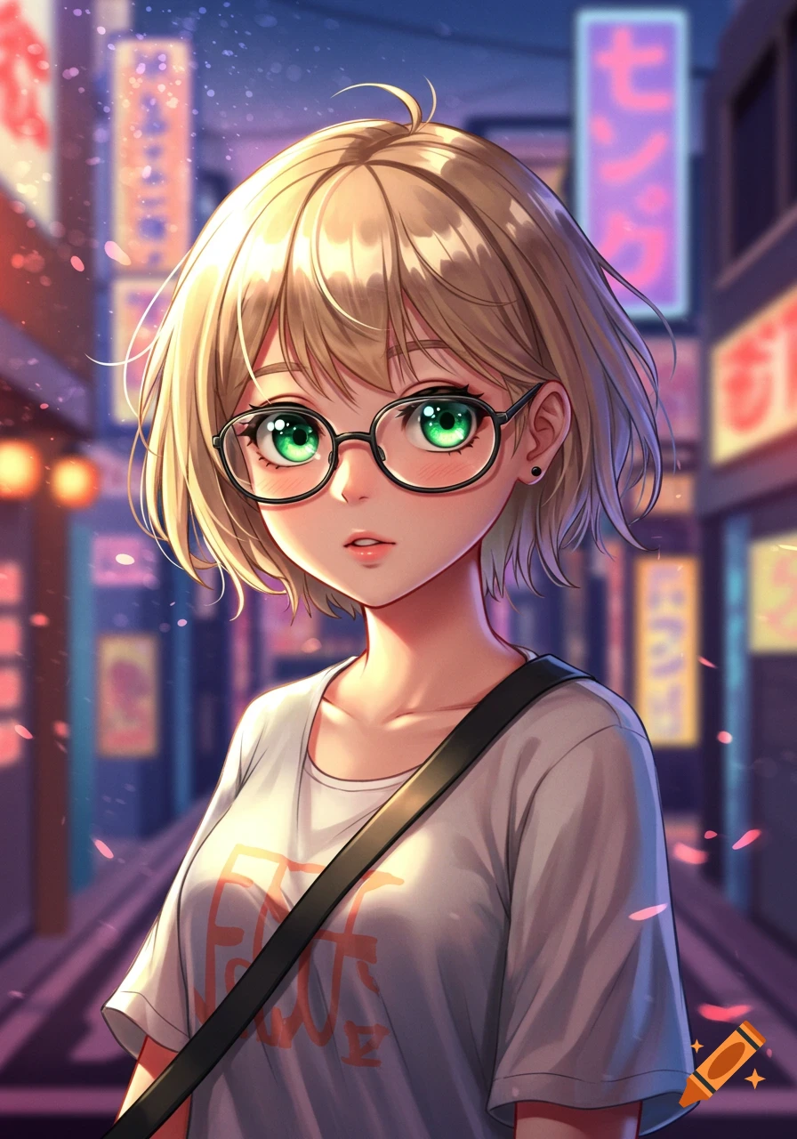 An anime girl with short blonde hair and green eyes wearing glasses, a white t-shirt, and a bag strap, stands on a city street with neon signs.