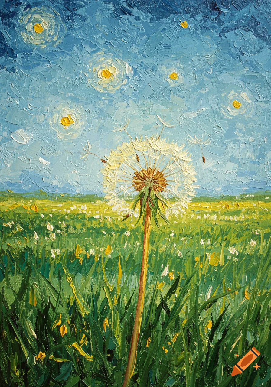 A vibrant oil painting in the style of Van Gogh depicts a large dandelion with seeds blowing in a grassy field under a textured blue sky.