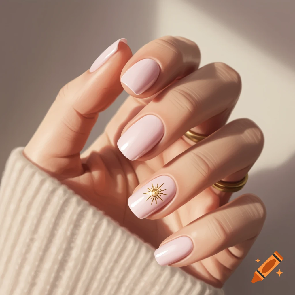A hand with light pink manicured nails, one featuring a small gold sun design, wearing a light-colored knitted sweater.