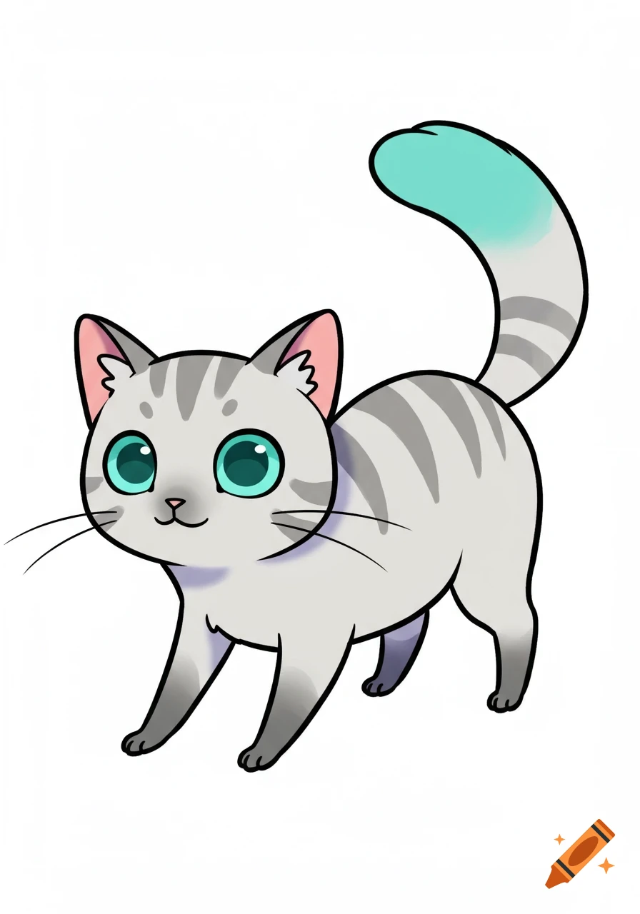 A cute, stylized light grey cat with large teal eyes and a teal-tipped tail, in a cartoon illustration style.