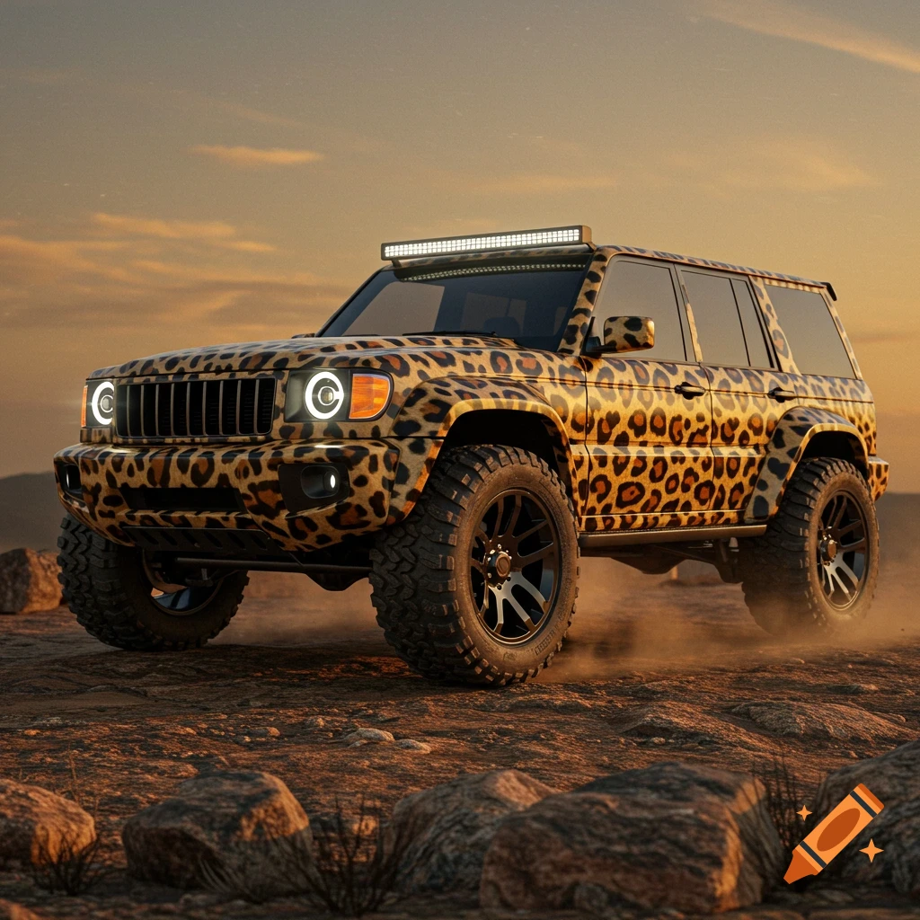 A custom off-road SUV with a leopard print paint job drives through a dusty, rocky desert at sunset.