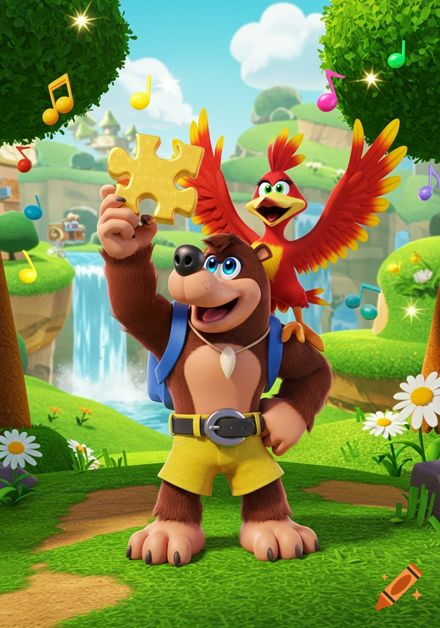 Banjo the bear holding a golden jigsaw piece with Kazooie the bird on his back in a vibrant cartoon landscape.