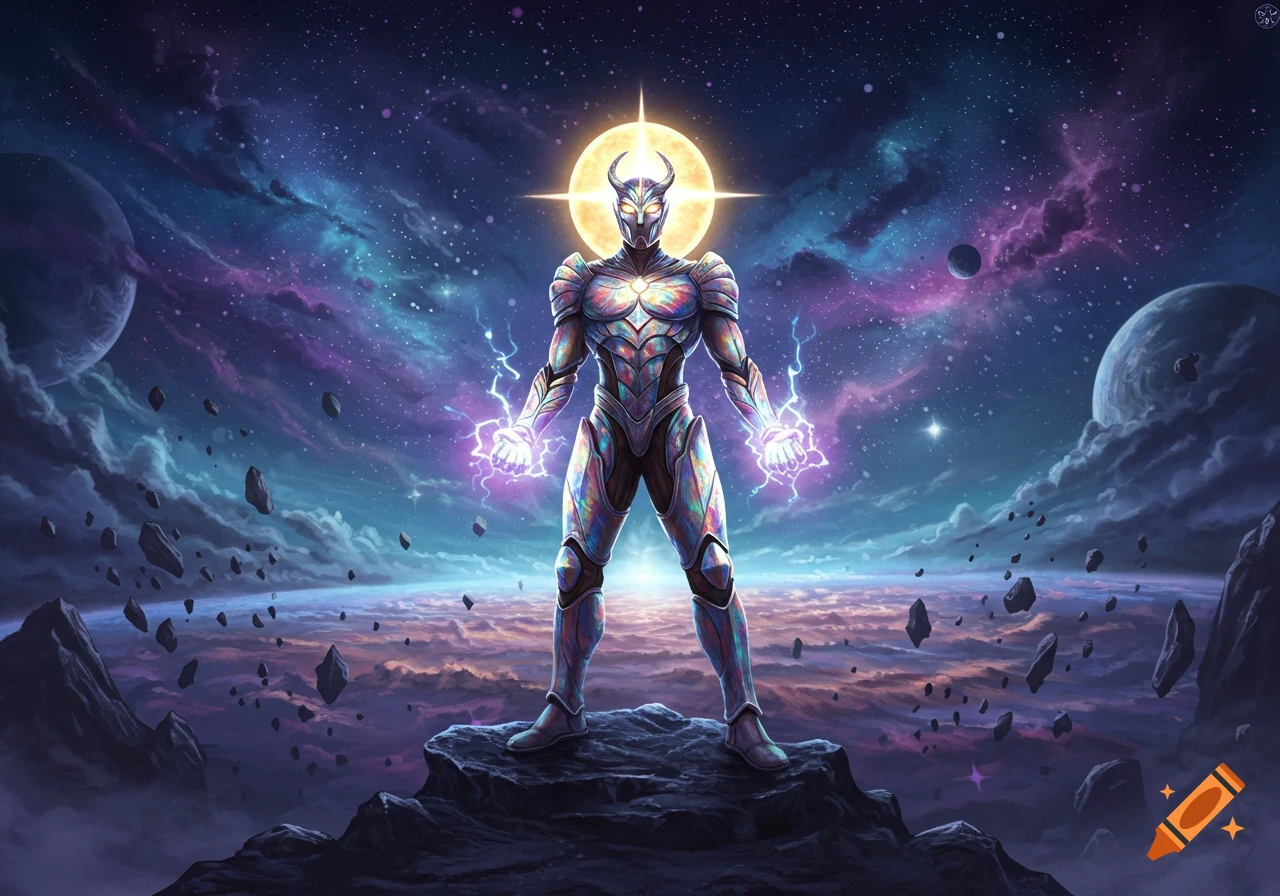 A vibrant, armored superhero stands on a rocky outcrop, glowing with purple energy against a cosmic sky with planets and nebulae.