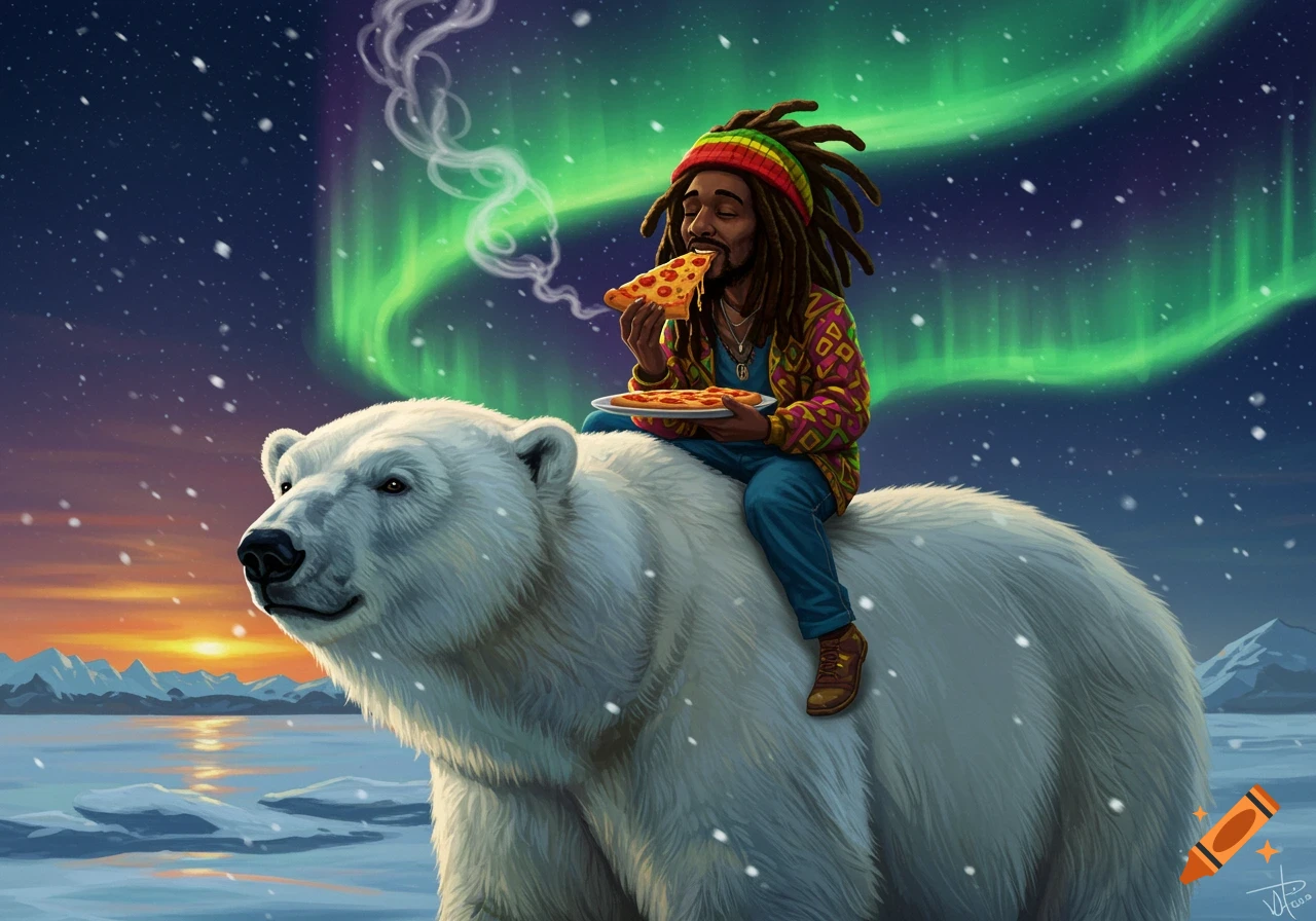 A dreadlocked man eats pizza while riding a polar bear under the Northern Lights and falling snow in an arctic landscape.