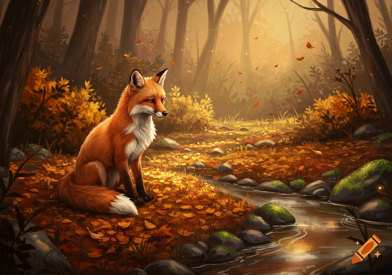 A red fox sits in a sunlit autumn forest by a stream, surrounded by colorful leaves.