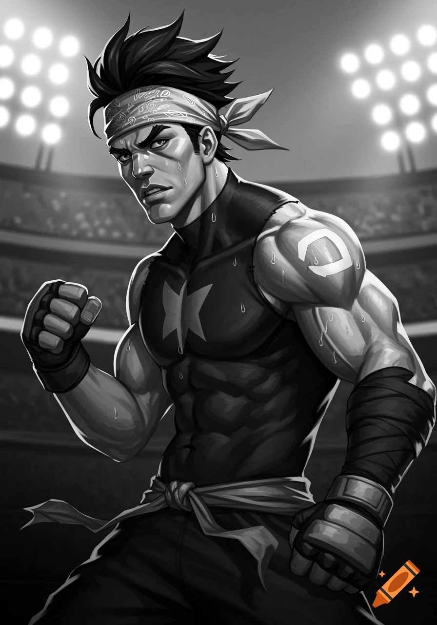 Black and white illustration of a muscular male fighter with a bandana and sweat, in a stadium setting.