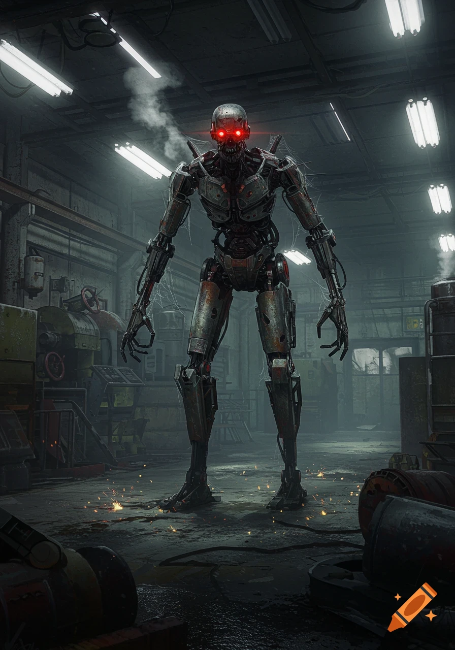 A tall, menacing, rusted robot with glowing red eyes stands in a dark, smoky industrial factory with sparks on the floor, in a photorealistic style.