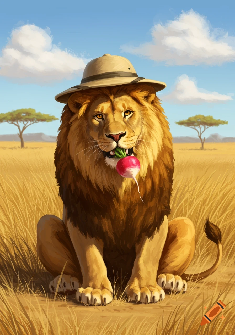 A cartoon lion wearing a safari hat sits in a golden field under a blue sky, eating a red radish.