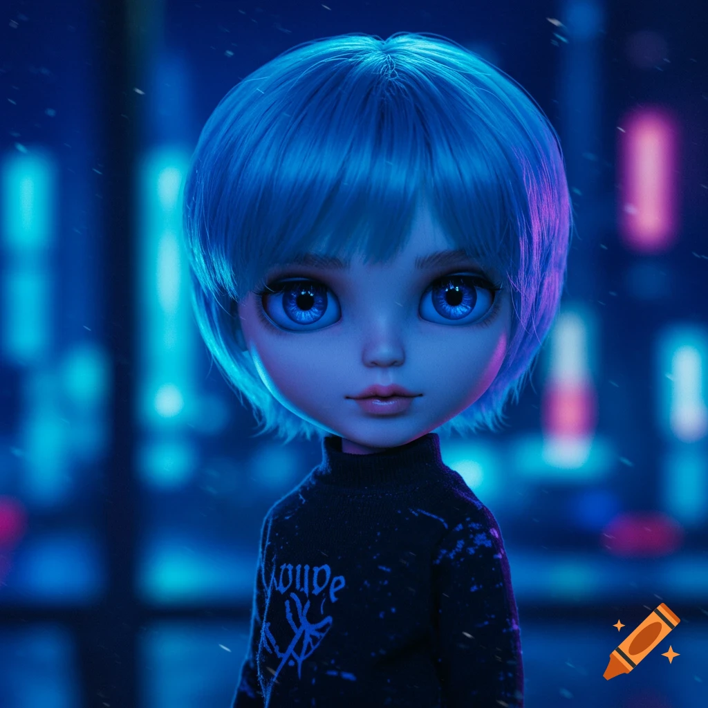 Close-up portrait of a male Blythe doll with short blue hair and large blue eyes, illuminated by blue and pink neon lights.