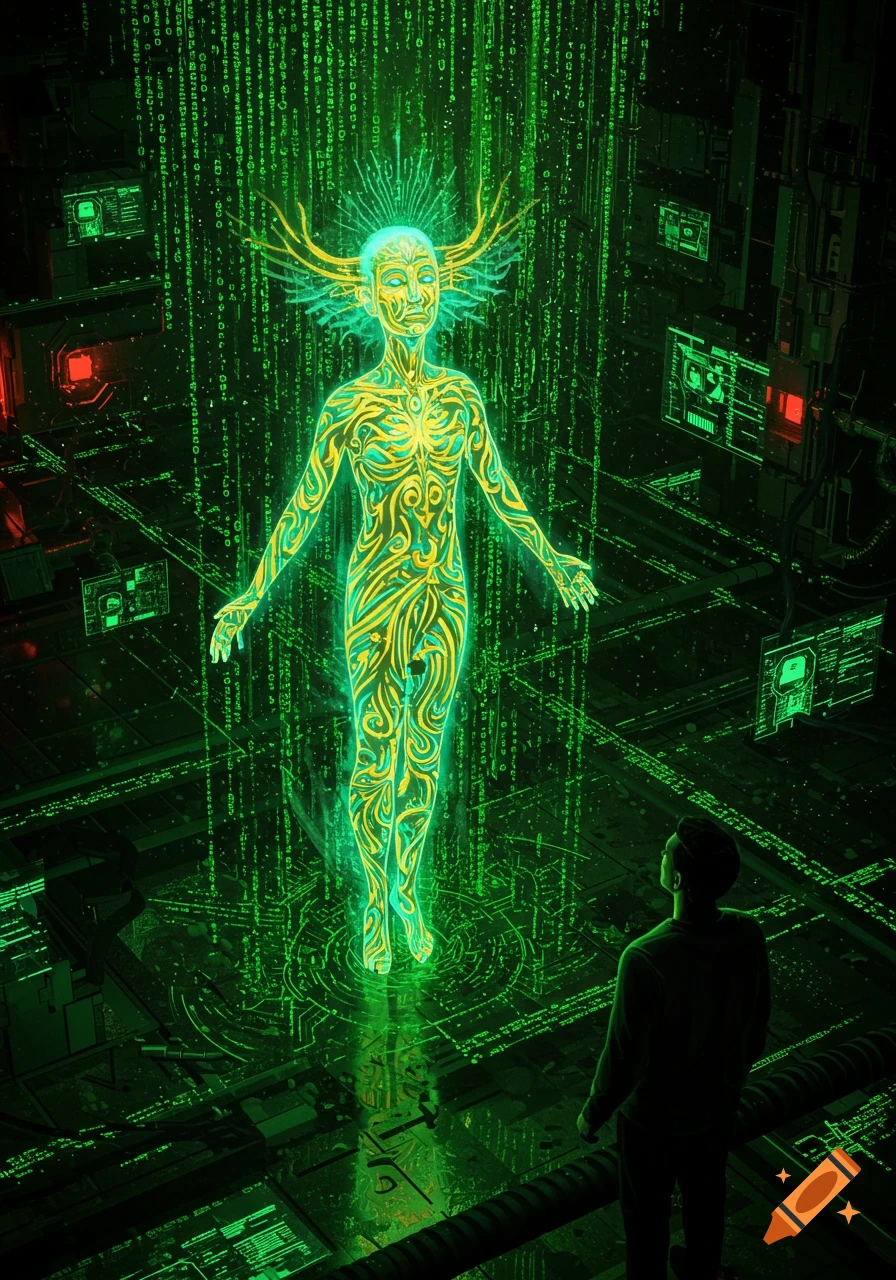 A man gazes at a glowing, ornate humanoid figure amidst falling green digital code in a dark, futuristic Matrix-like world.
