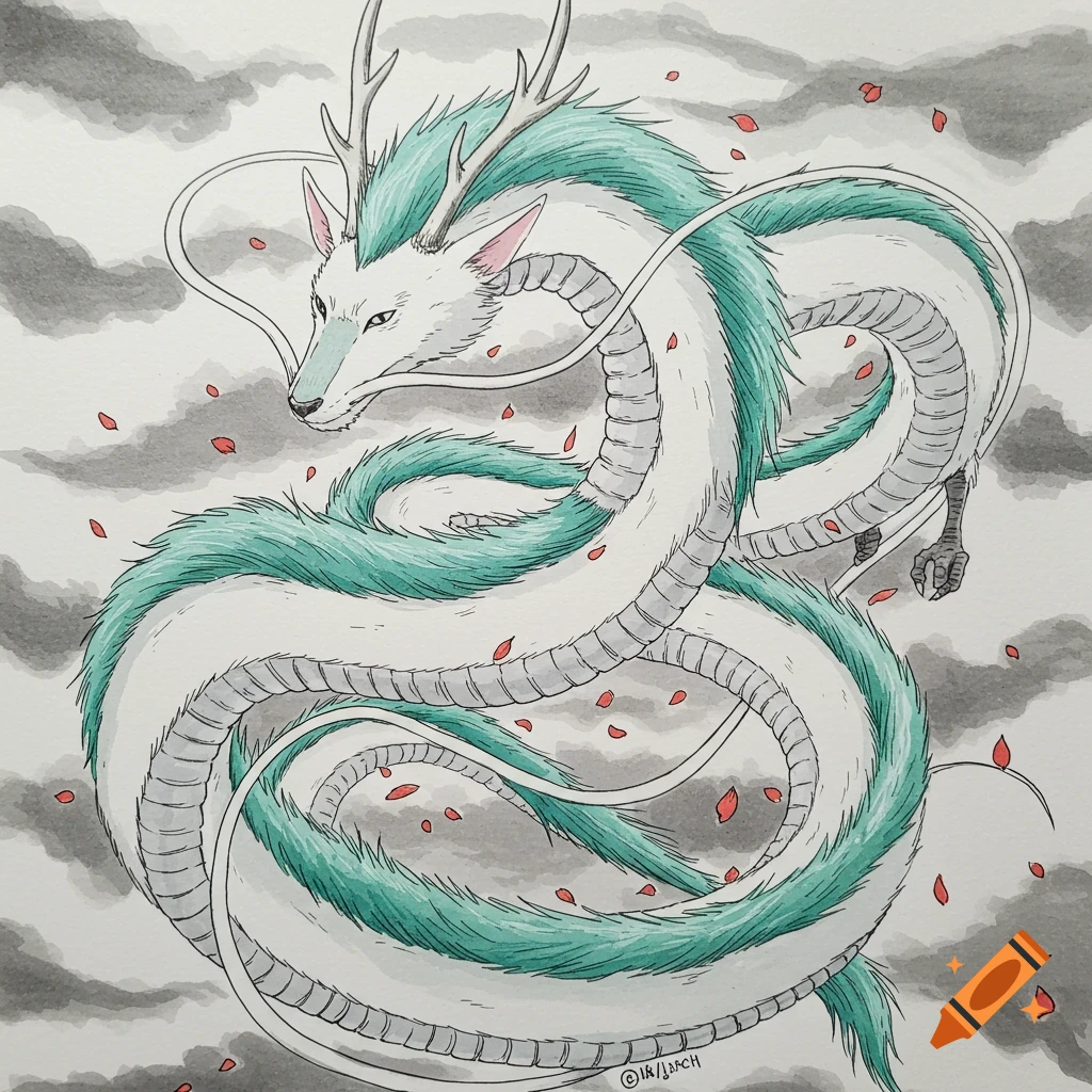 A hand-drawn illustration of Haku, a white and teal serpent-like dragon with antlers, against a cloudy sky with falling red petals.