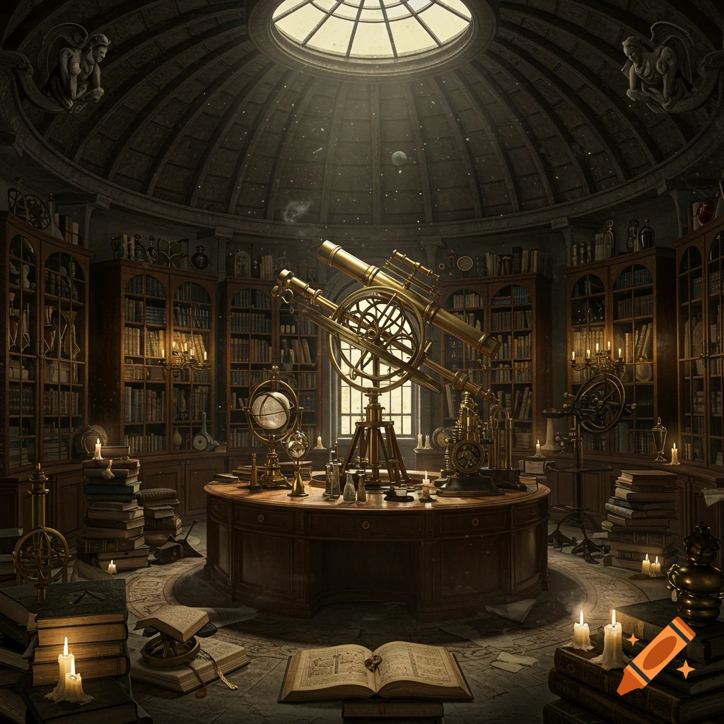 A detailed interior of a vintage observatory or study with a large golden telescope, many books, and scientific instruments under a domed ceiling.