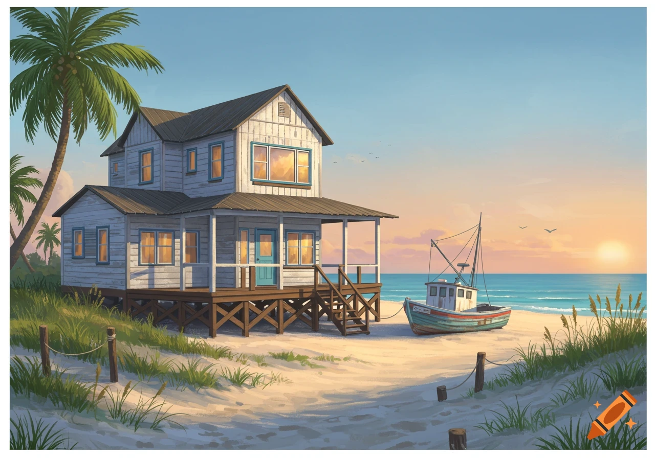 Illustrative painting of a white wooden beach house with a fishing boat on a sandy beach at sunset, with palm trees.