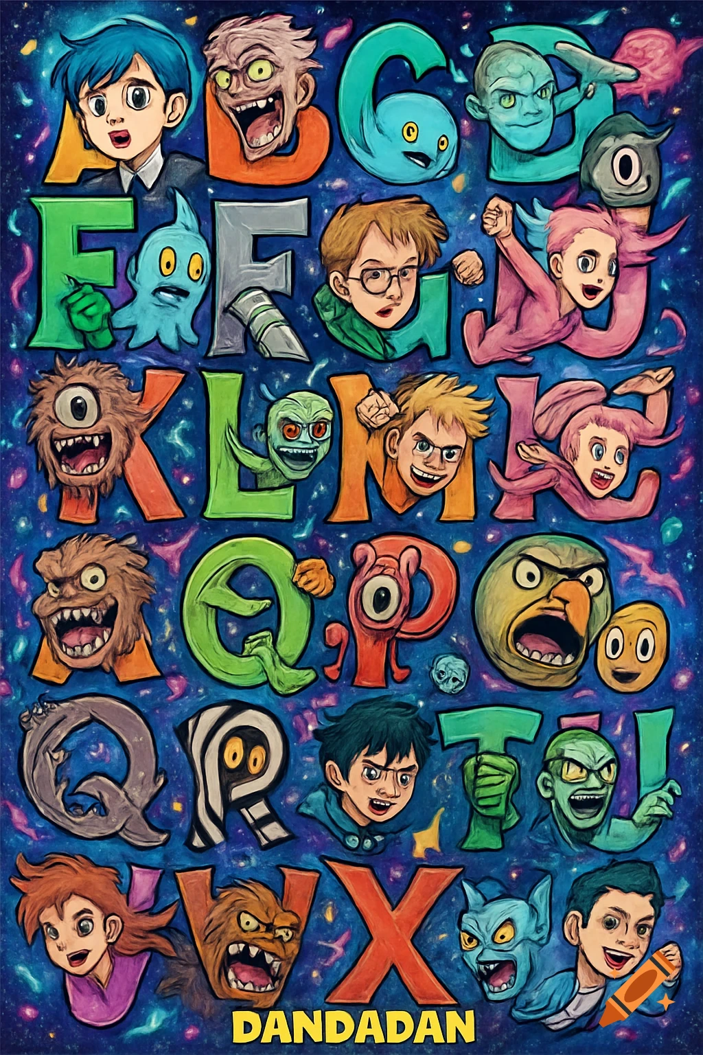 Colorful alphabet poster with each letter featuring a unique anime-style character or monster, on a cosmic background, with 'DANDADAN' at the bottom.