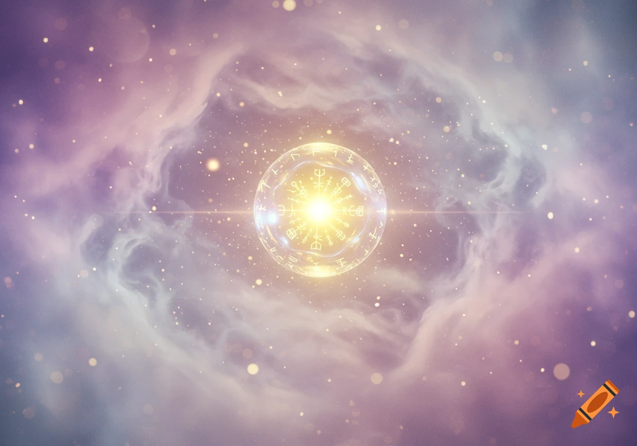 A glowing orb with mystical symbols at its center, surrounded by purple and pink cosmic nebulae and sparkling stardust.