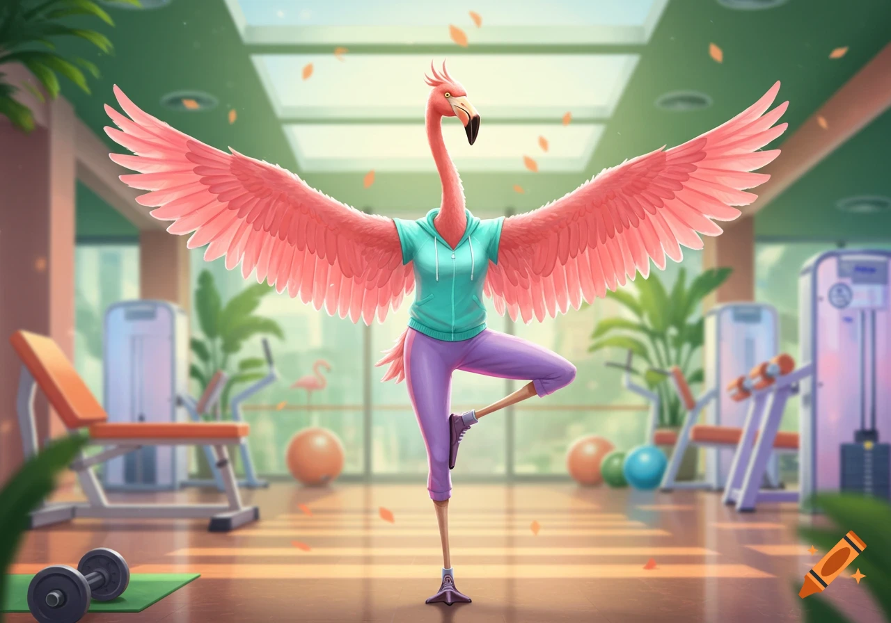 A cartoon flamingo in a gym performs a yoga tree pose, wearing a teal hoodie and purple pants.