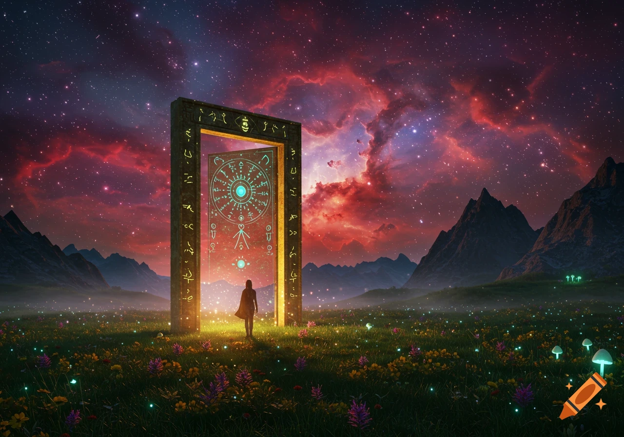 A silhouetted figure stands before a glowing, runic portal in a vibrant fantasy landscape under a starry, nebulous sky.