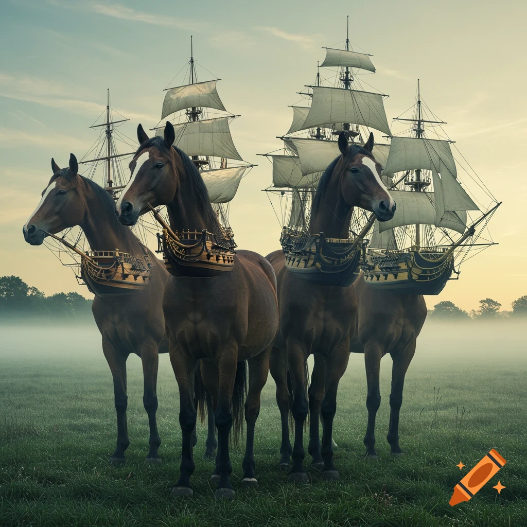 Four photorealistic horses stand in a misty field, each with an 18th-century sailing ship instead of a head.
