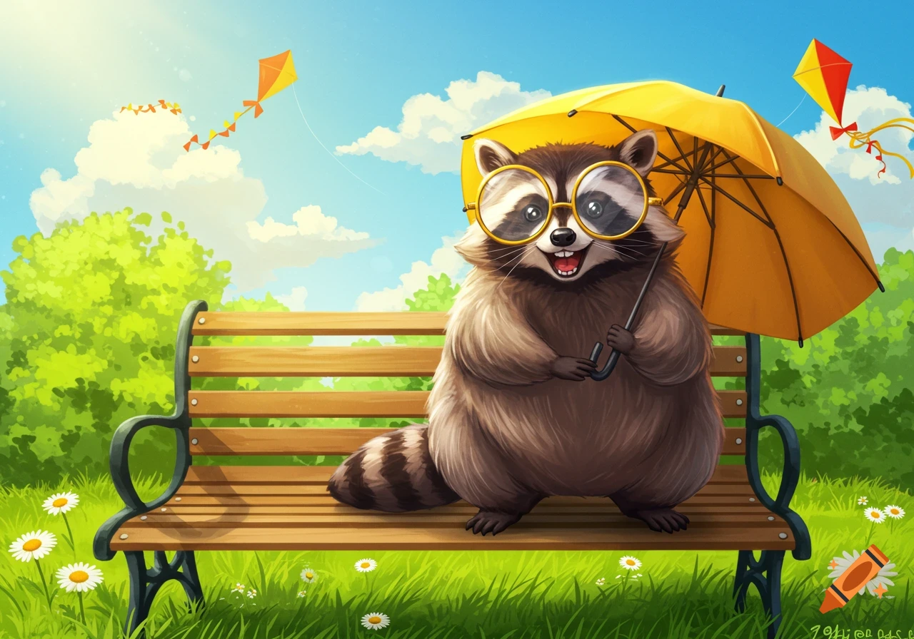 A cute cartoon raccoon with glasses sits on a park bench under a yellow umbrella, with kites flying in a sunny sky.