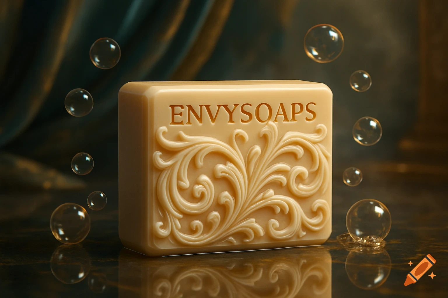 Photorealistic image of a bar of soap with 'ENVYSOAPS' embossed on it, surrounded by bubbles on a reflective surface.