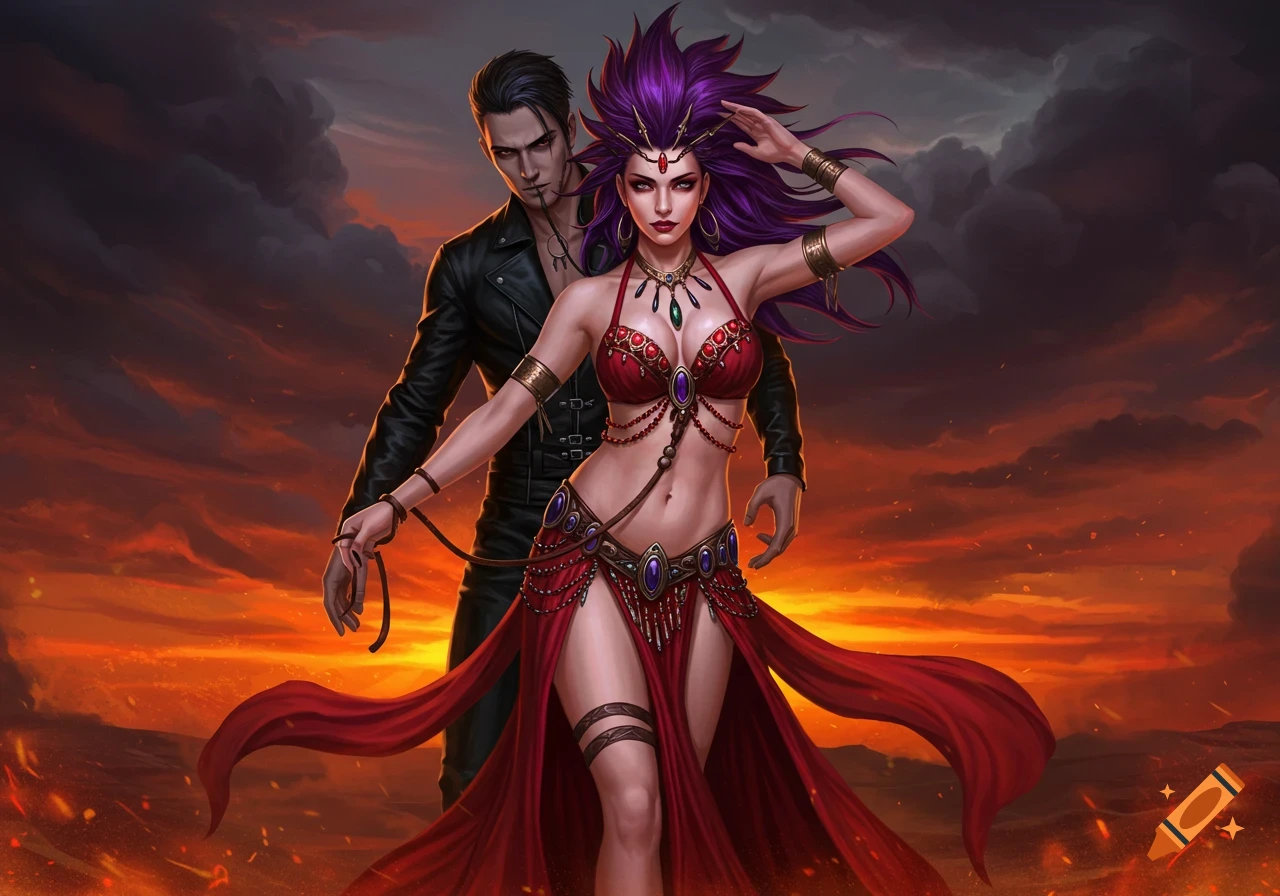 A fantasy digital painting of a woman in a red tribal outfit and purple hair holding a leash connected to a man in black leather, against a fiery sunset.