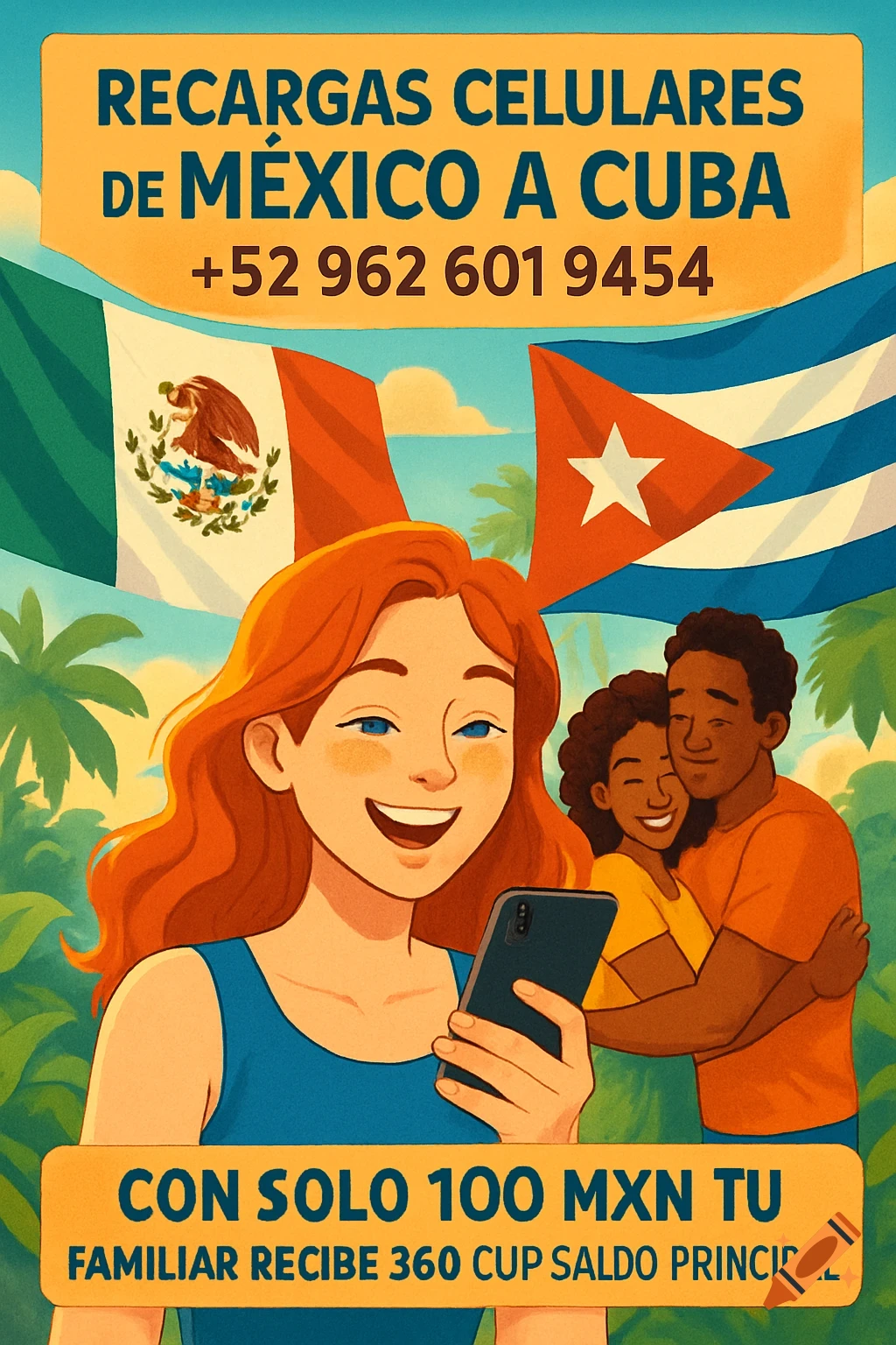 An illustration of a smiling woman holding a phone, with Mexican and Cuban flags behind her. A couple embraces in the background. Promotional text advertises phone recharges.