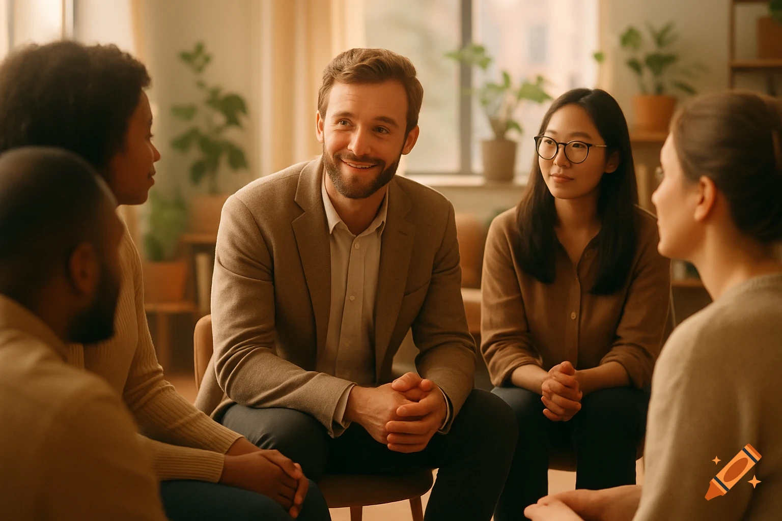 A diverse group of adults sits in a circle during a counseling session, engaged in conversation in a warmly lit room.
