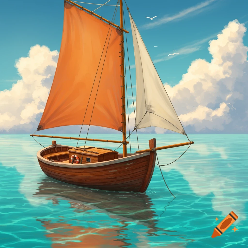 A small wooden sailboat with an orange main sail and a white secondary sail floats on calm blue-green water under a bright blue sky with fluffy white clouds.