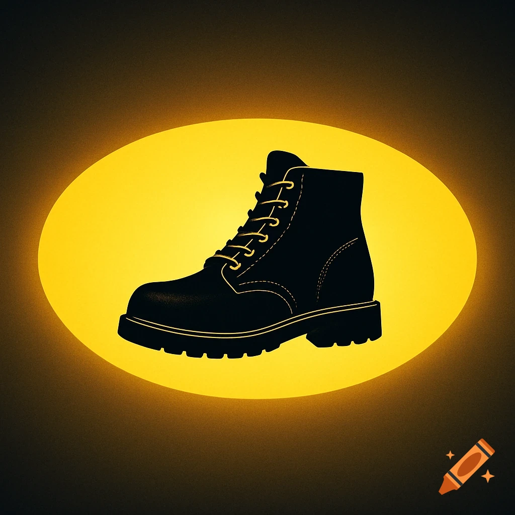 A black boot in silhouette centered within a glowing yellow horizontal oval, against a dark background.