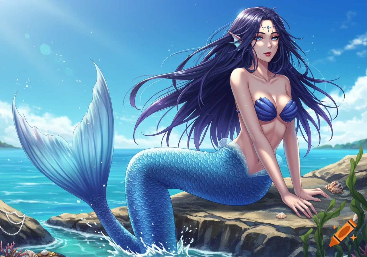 An anime-style mermaid with dark purple hair and a blue tail sits on rocks by the ocean.