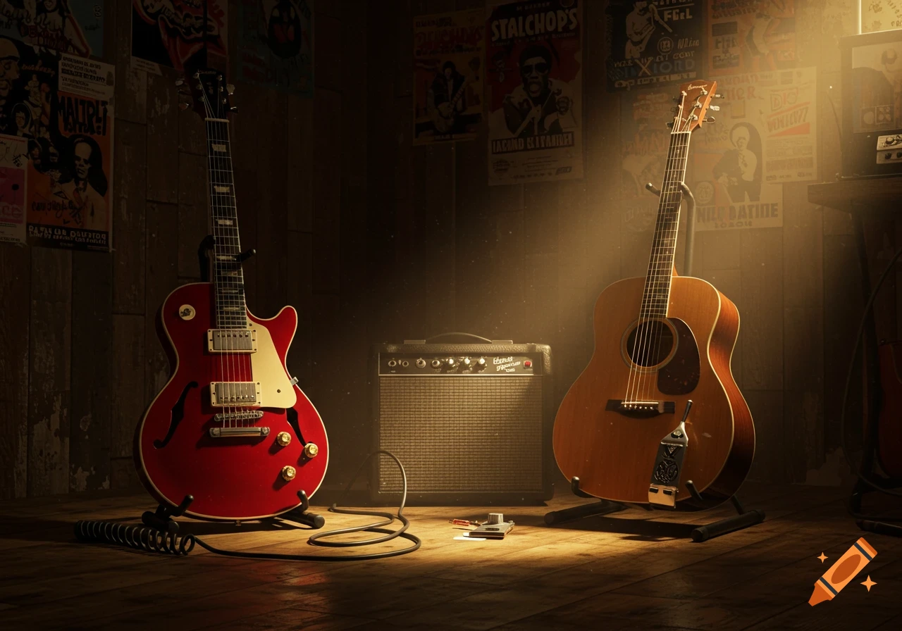 Photorealistic image of a red electric guitar and a brown acoustic guitar standing on a wooden floor, next to a guitar amplifier, in a spotlight.