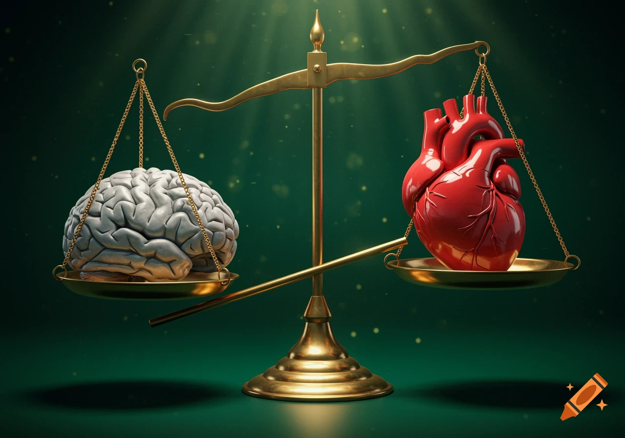 A gold balance scale with a human brain on one side, weighing down, and a red anatomical heart on the other, against a dark green background.