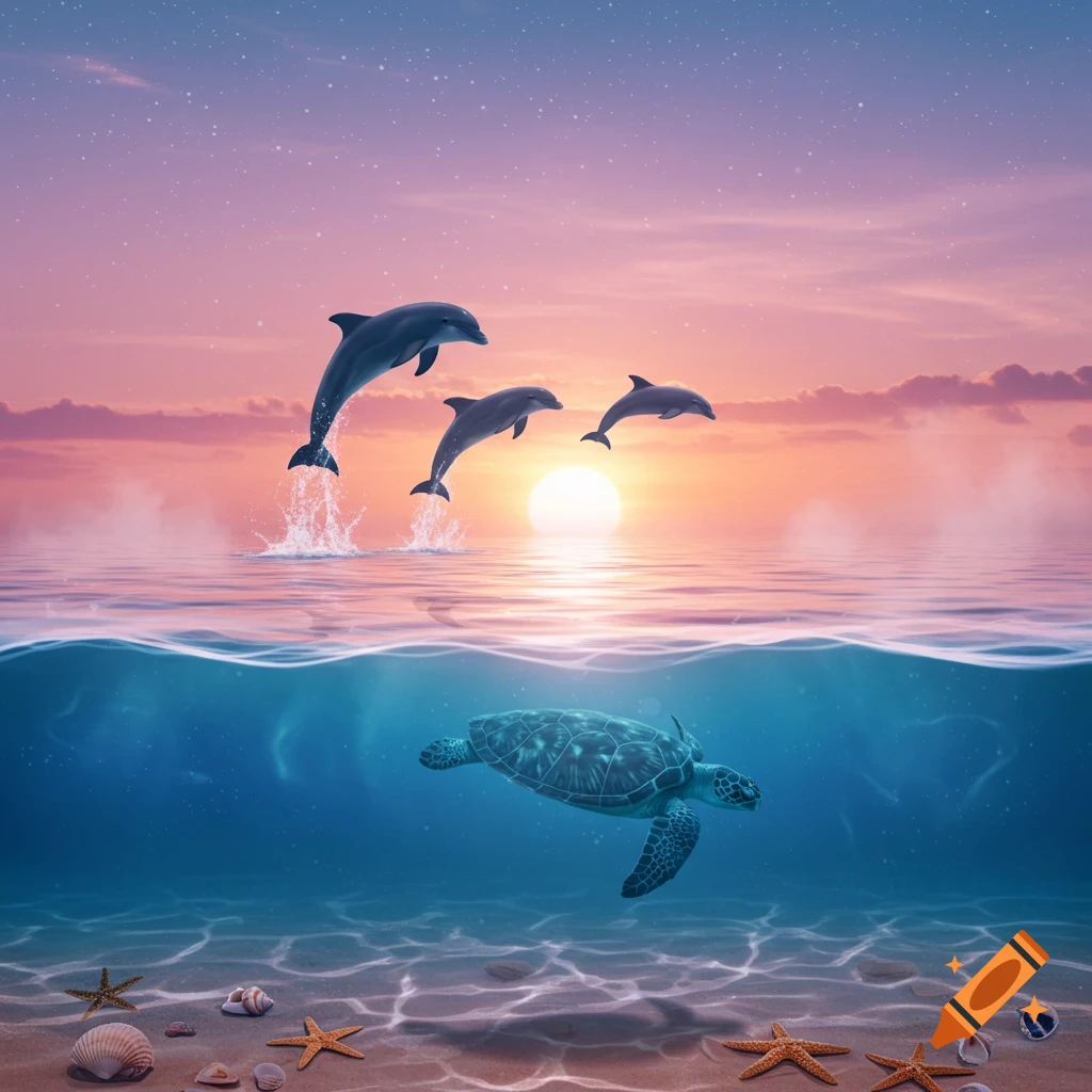 Three dolphins leap from the ocean at sunset with a sea turtle swimming underwater among seashells and starfish.
