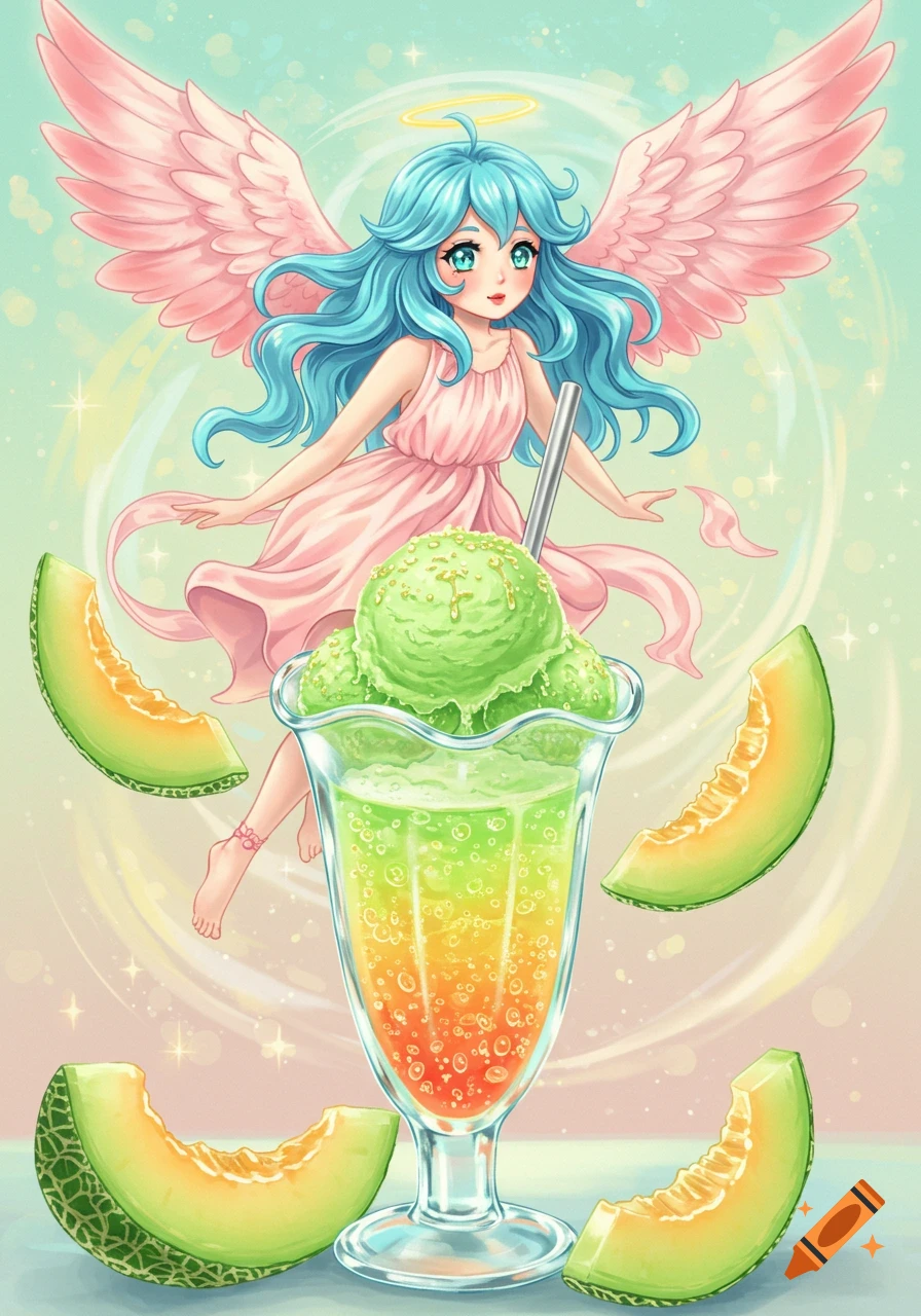 Vibrant anime angel with blue hair and pink wings floats over a melon soda float with green ice cream and melon slices.