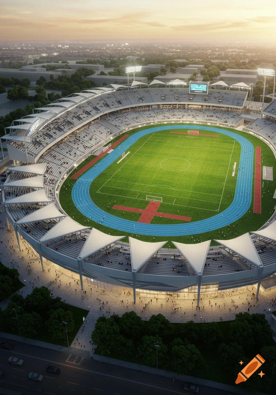 An aerial view of a modern football stadium with a green field, blue running track, tiered seating, and white canopies, under a clear sky.