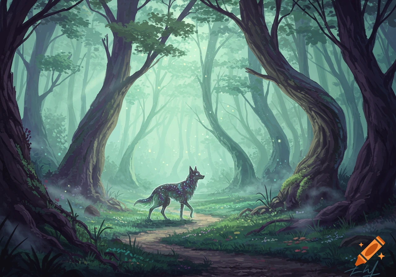 A glowing, spectral wolf walks on a path through a misty, surreal fantasy forest with large, gnarled trees.