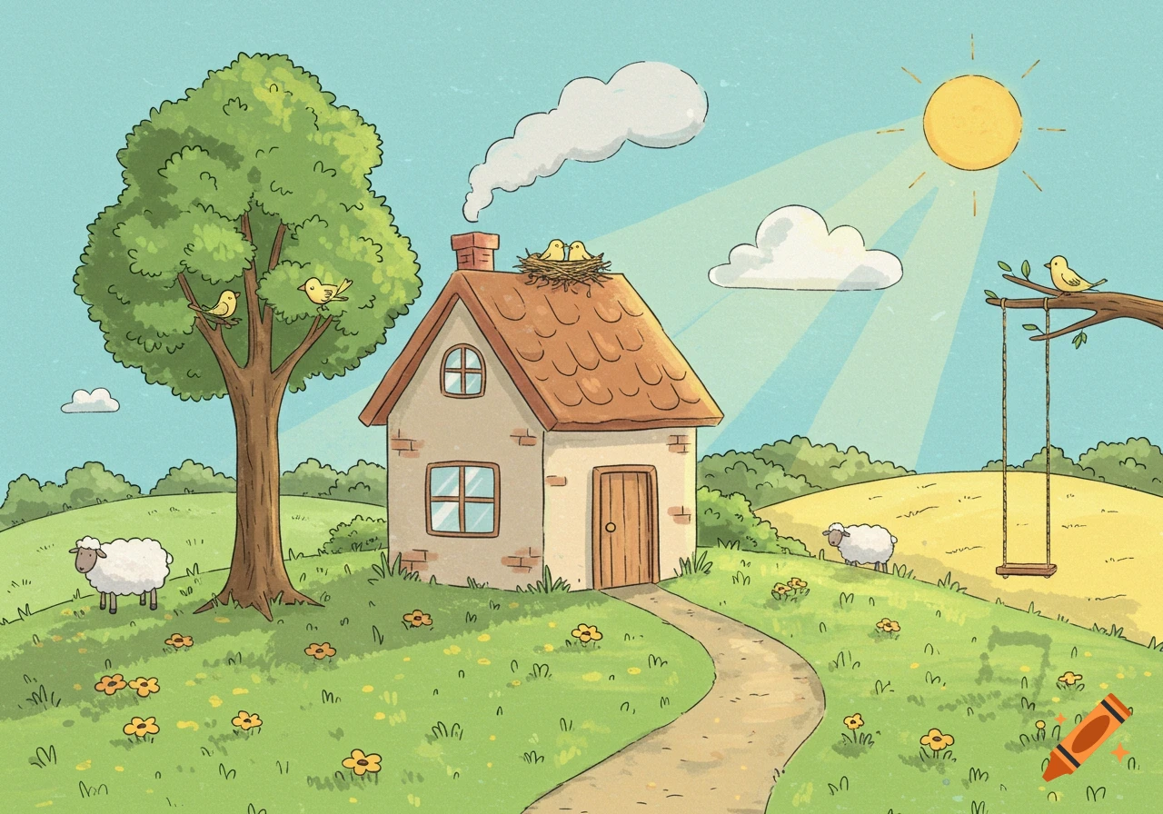 A whimsical cartoon illustration of a house with a smoking chimney, birds in a nest on the roof, a tree with birds, sheep, and a swing in a sunny, green field.