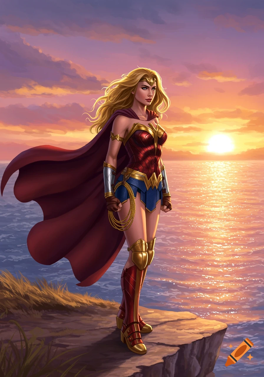 Blonde Wonder Woman in full costume standing on a cliff overlooking the ocean at sunset, rendered in a comic art style.