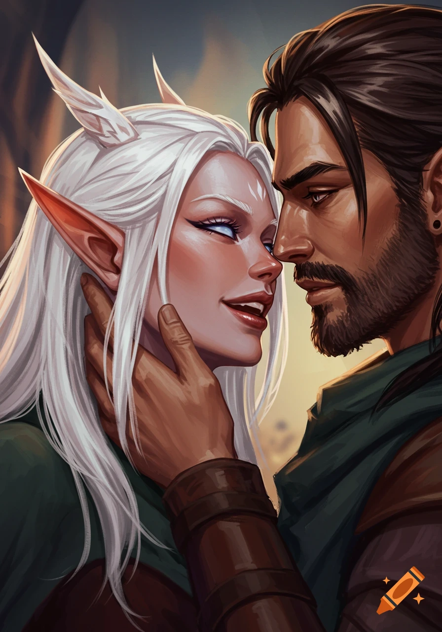 Digital art of a male and female fantasy couple in a close romantic embrace. The woman has white hair and pointed ears.