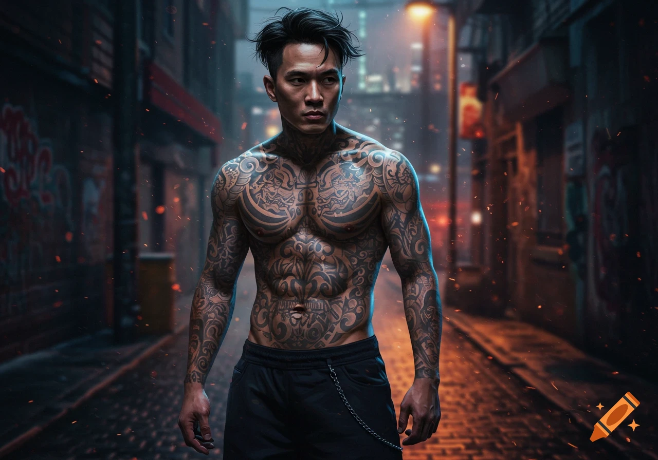 Muscular Asian man with full body tattoos in a dark, glowing alleyway.