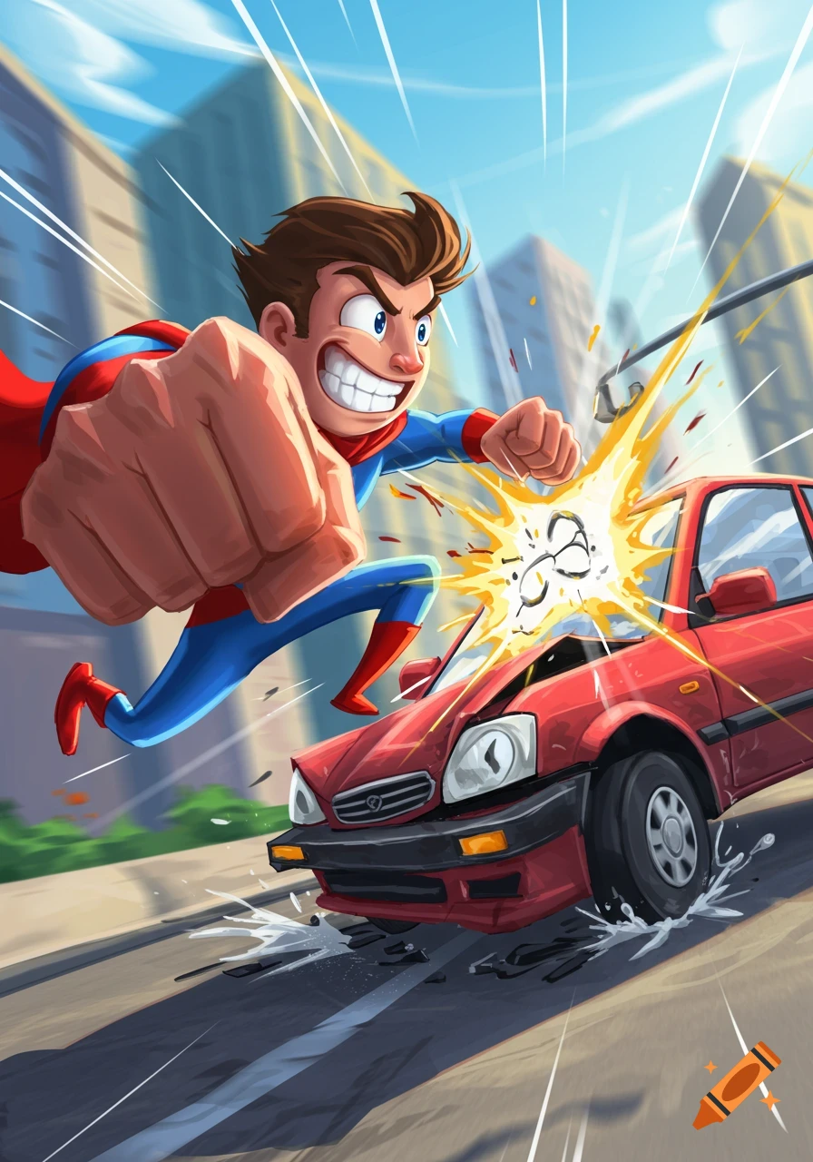 Humorous cartoon illustration of a superhero punching the hood of a red car, causing sparks, on a city street.
