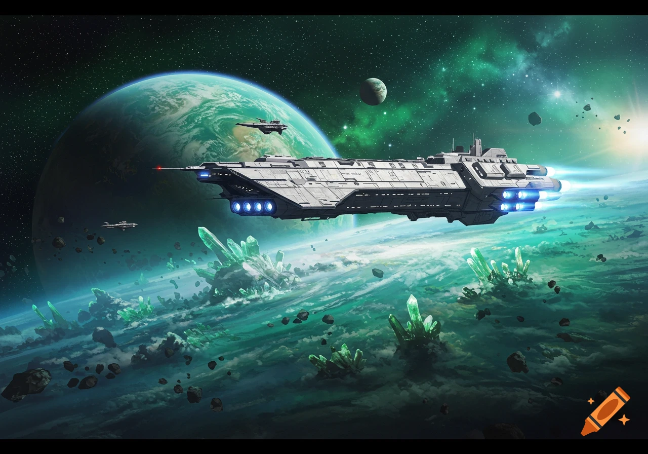 A large transport frigate spaceship orbits an alien planet with green crystals on its surface, under a star-filled green galaxy.